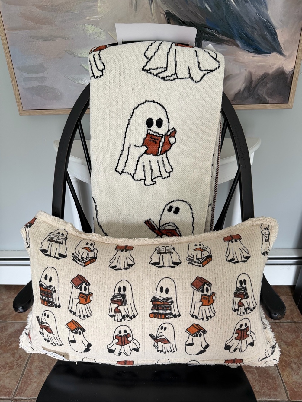 Ghost Reading Throw Blanket and Pillow Set - Cream and Brown